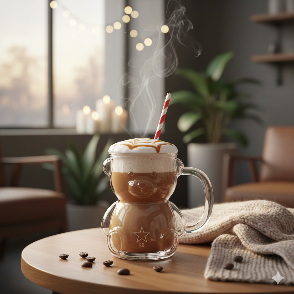 Transparent bear-shaped Starbucks cup used in the 2025 holiday collection.