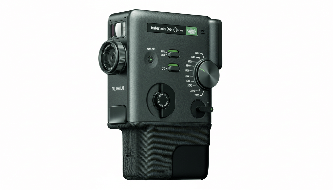 Cámara Fujifilm Instax Mini Evo Cinema diseño retro color negro con dial de efectos cinematográficos y lente 28mm.