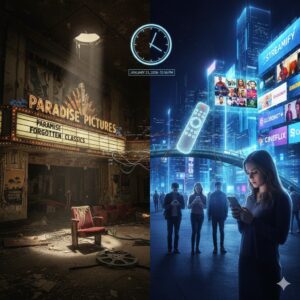 Composición visual dividida: a la izquierda, un cine clásico abandonado y en ruinas; a la derecha, una ciudad futurista hiperconectada con personas mirando sus celulares bajo carteles brillantes de plataformas de streaming.
