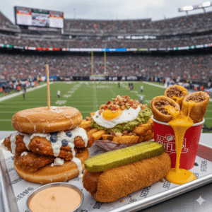 Bandeja de comida extravagante en un estadio de la NFL con una hamburguesa de dona glaseada, hot dog empanizado con pepinillo, papas con huevo y guacamole, y rollitos de carne con queso derretido, con el campo de fútbol de fondo.