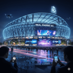 Vista nocturna futurista del Estadio Santiago Bernabéu con pantallas digitales gigantes, drones y hologramas de marketing, representando el concepto Real Madrid 365.