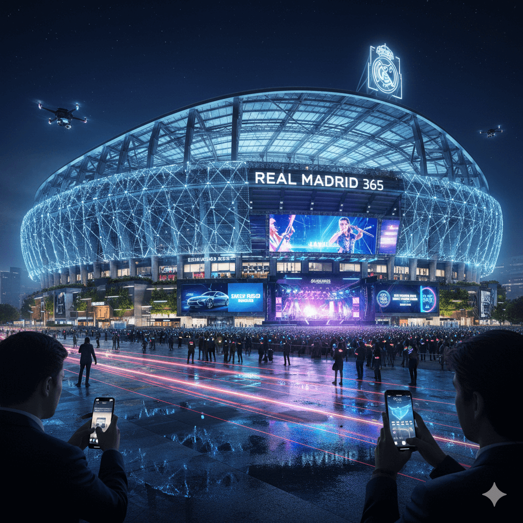 Vista nocturna futurista del Estadio Santiago Bernabéu con pantallas digitales gigantes, drones y hologramas de marketing, representando el concepto Real Madrid 365.